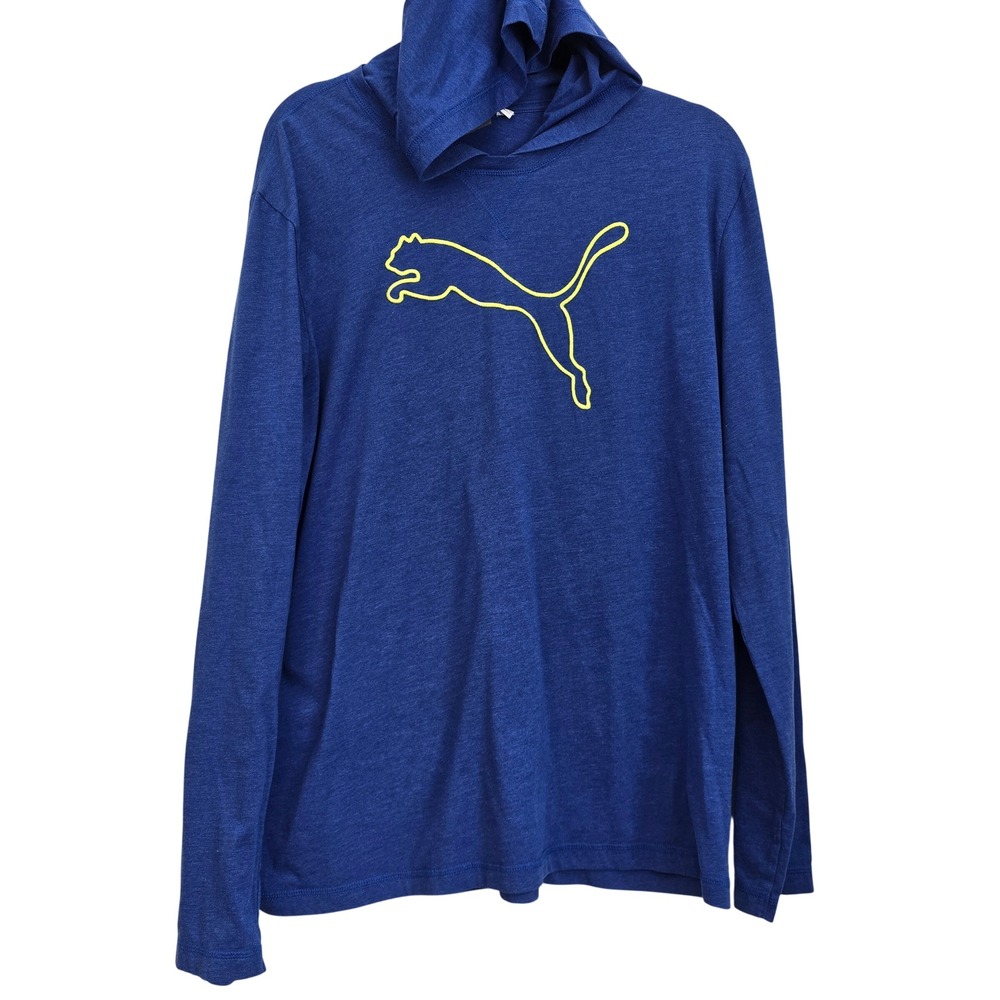 😀 Puma Mens Blue Heathered Hooded Long Sleeve T-Shirt‎ Yellow Logo 850411 XL